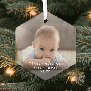Modern Minimalist Photo Overlay White Text Hexagon Glass Tree Decoration