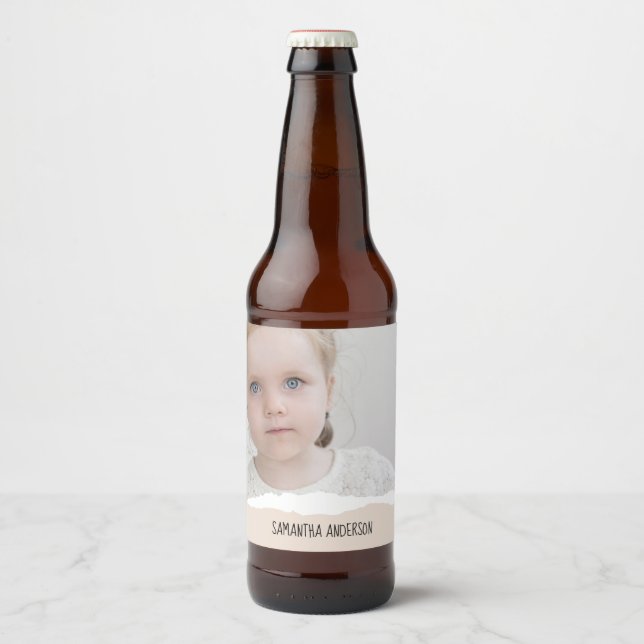 Modern Minimalist Photo & Perosnalized Text Pink Beer Bottle Label (Front)