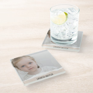 Modern Minimalist Photo & Perosnalized Text Pink Glass Coaster