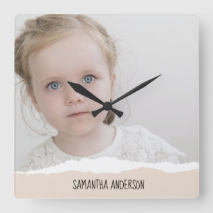 Modern Minimalist Photo & Perosnalized Text Pink Square Wall Clock