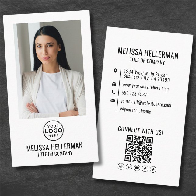Modern Minimalist Photo QR Code Logo Vertical Business Card (Modern Minimalist Photo QR Code Logo Business Card)