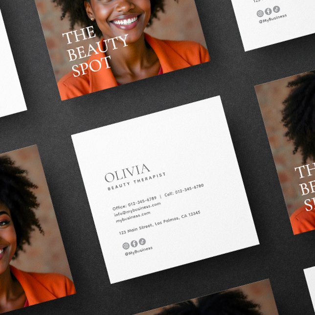 Modern Minimalist Photo & Socials Beauty Square Business Card (Creator Uploaded)