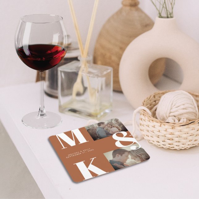Modern Minimalist Photo Wedding Bold Monogram Square Paper Coaster (Creator Uploaded)