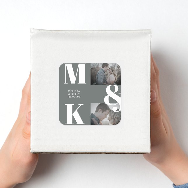 Modern Minimalist Photo Wedding Bold Monogram Square Sticker (Creator Uploaded)