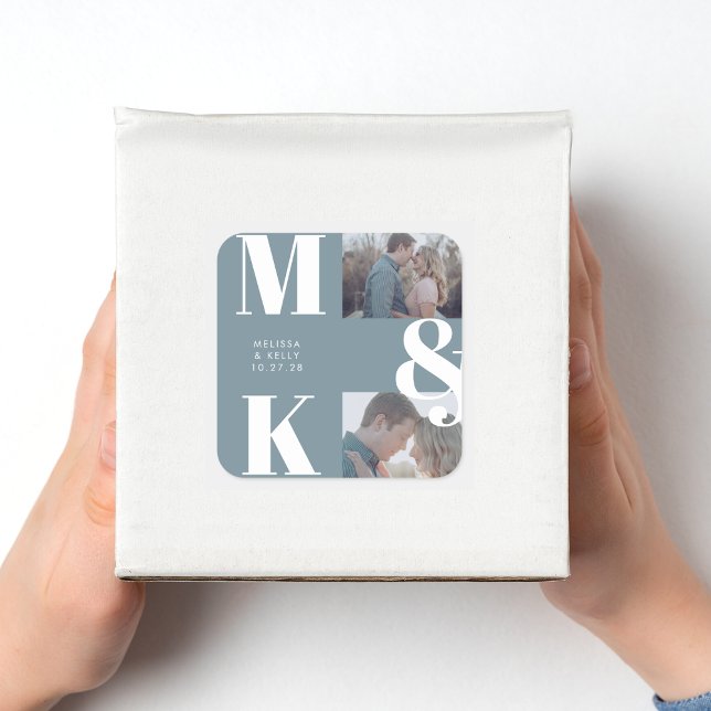 Modern Minimalist Photo Wedding Bold Monogram Square Sticker (Creator Uploaded)