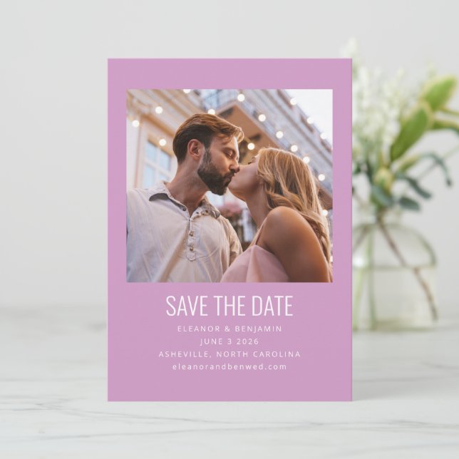 Modern Minimalist Photo Wedding Cute Purple Save The Date (Standing Front)