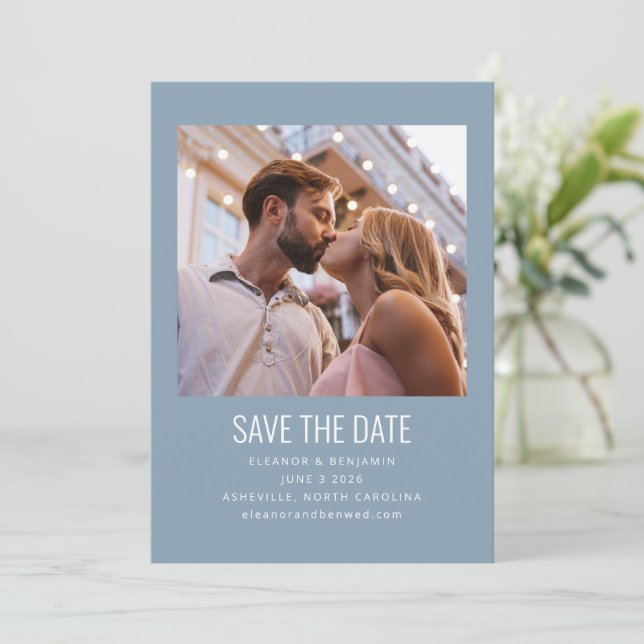 Modern Minimalist Photo Wedding Dusty Blue Save The Date (Standing Front)