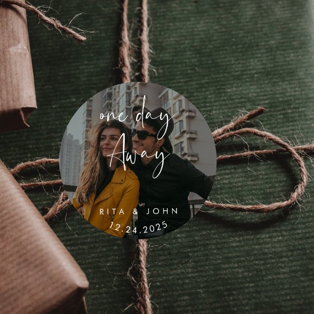 Modern Minimalist Photo Wedding One Step Away Classic Round Sticker (Creator Uploaded)