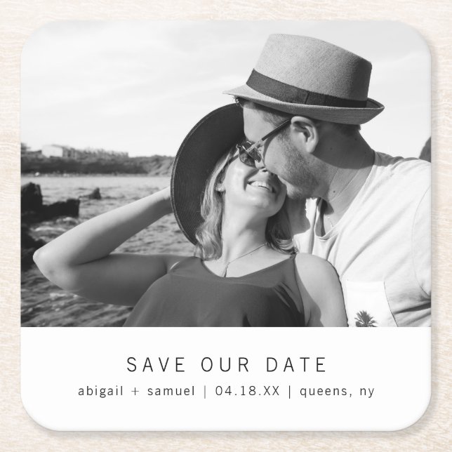 Modern Minimalist Photo Wedding Save the Date Square Paper Coaster (Front)