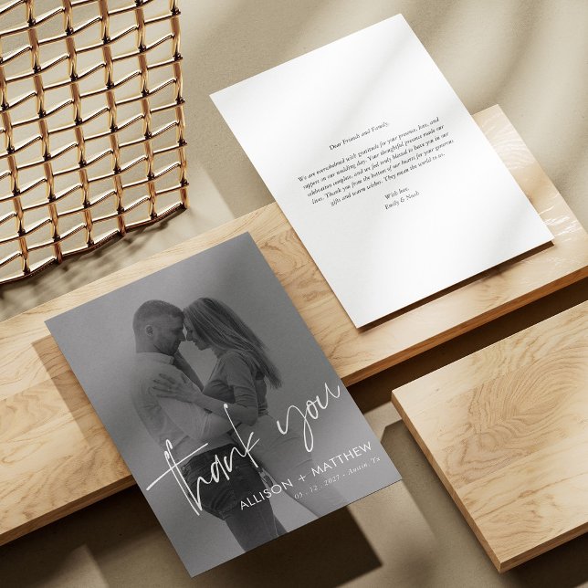 Modern Minimalist Photo Wedding Thank You Card (Personalized Elegant White Script Photo Wedding Thank You Card)
