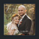 Modern Minimalist Photo Wedding Thank You Magnet<br><div class="desc">The wedding thank you magnet features a modern minimalist bride and groom in autumn season,  colourful foliage in the background. Beautiful handwritten thank you text. The magnet includes the couple's names,  and their wedding date. Great wedding magnet favour for their special day in a simple and heartfelt way.</div>
