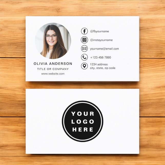 Modern Minimalist Photo with Social Media Icons Business Card (Creator Uploaded)