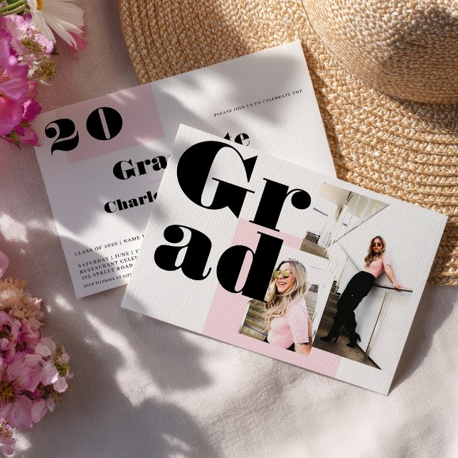 Modern minimalist pink 2 photos graduation invitation (Modern minimalist pink 2 photos graduation invitation)