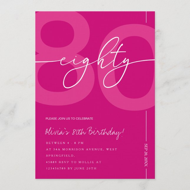 Modern Minimalist Pink 80th Birthday Party Invitation (Front)