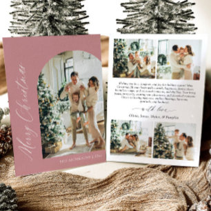 Modern Minimalist Pink Arch Photo Merry Christmas Holiday Card