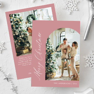 Modern Minimalist Pink Arch Photo Merry Christmas Holiday Card