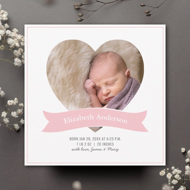 Modern Minimalist Pink Baby Girl Photo Birth Announcement (Creator Uploaded)