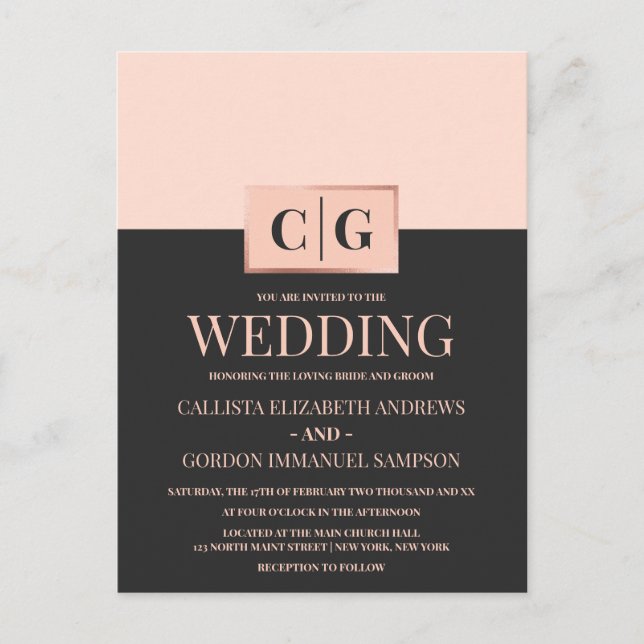 Modern Minimalist Pink Black Colour Block Wedding Invitation Postcard (Front)