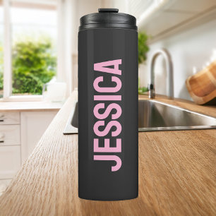 Modern Minimalist Pink Black Personalised Name Thermal Tumbler