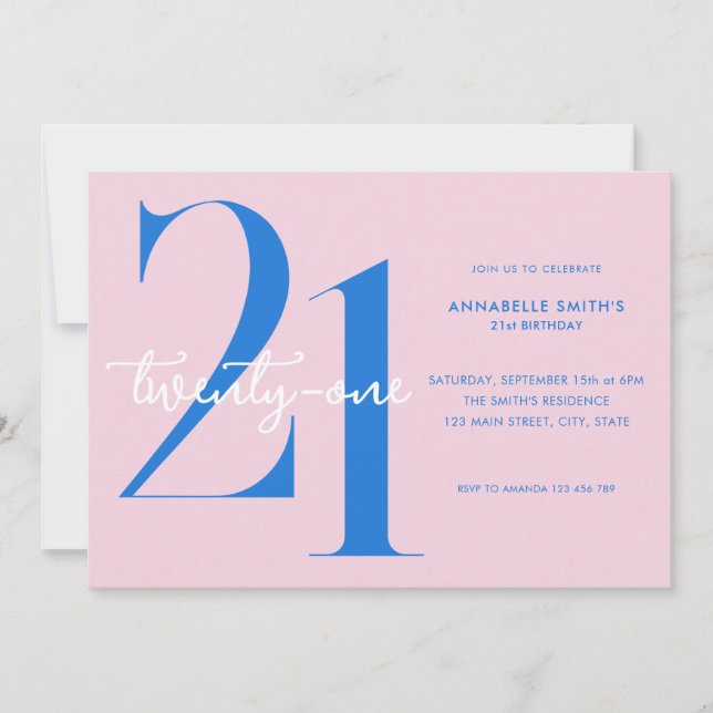 Modern Minimalist Pink Blue 21st Birthday Invitation (Front)