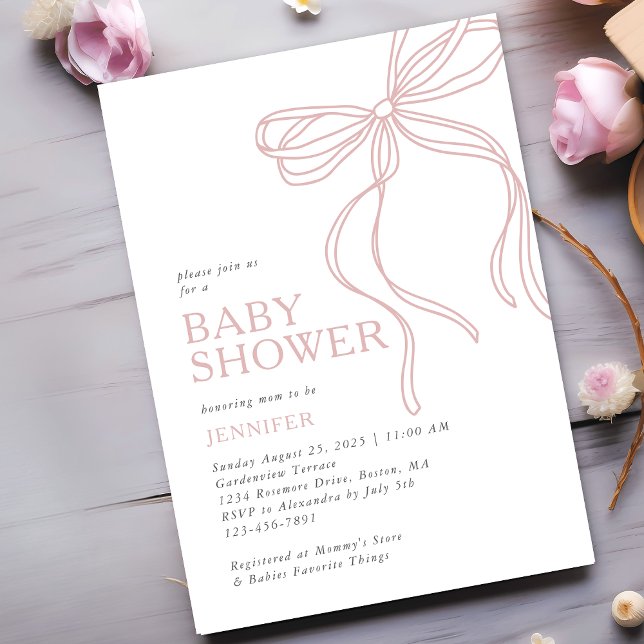 Modern Minimalist Pink Bow Baby Shower Invitation (Creator Uploaded)