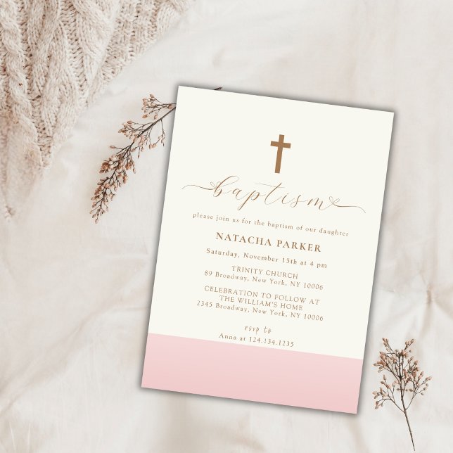 Modern Minimalist Pink Gold Cross Baptism Invitation (Modern Minimalist Pink Gold Cross Baptism Invitation)