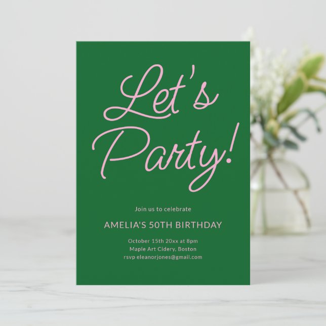 Modern Minimalist Pink Green Birthday Party Chic Invitation (Standing Front)