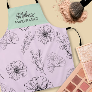 Modern Minimalist Pink Green Floral Line Pattern Apron