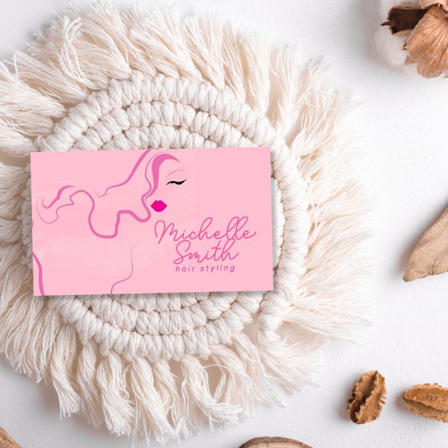 Modern minimalist pink hair styling wavy hairstyle business card (Creator Uploaded)