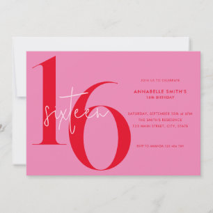 Modern Minimalist Pink Red 16th Birthday Invitation