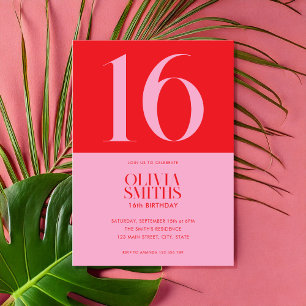 Modern Minimalist Pink Red 16th Birthday Invitation