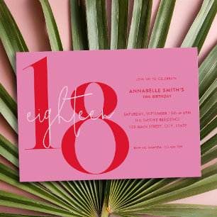 Modern Minimalist Pink Red 18th Birthday Invitation