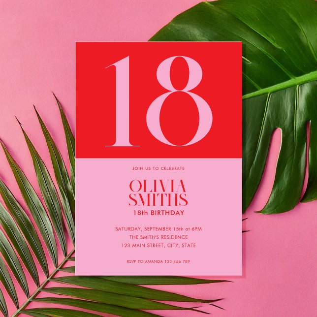 Modern Minimalist Pink Red 18th Birthday Invitation (Creator Uploaded)