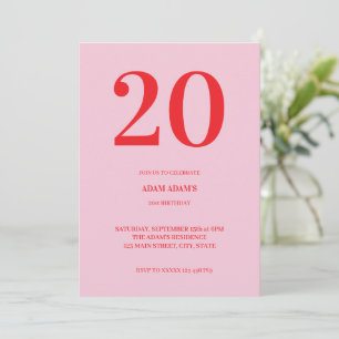Modern Minimalist Pink Red 20st Birthday Invitation