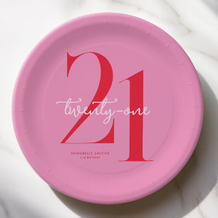 Modern Minimalist Pink Red 21st Birthday Paper Plate