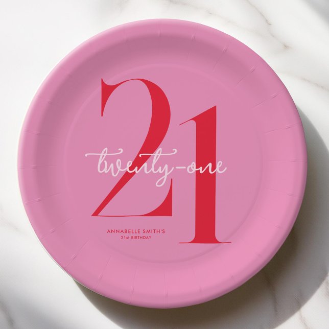 Modern Minimalist Pink Red 21st Birthday Paper Plate (Creator Uploaded)