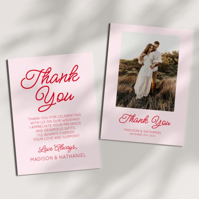 Modern Minimalist Pink Red Picture Wedding Thank You Card (Creator Uploaded)