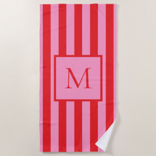 Modern Minimalist Pink Red Striped Monogram  Beach Towel