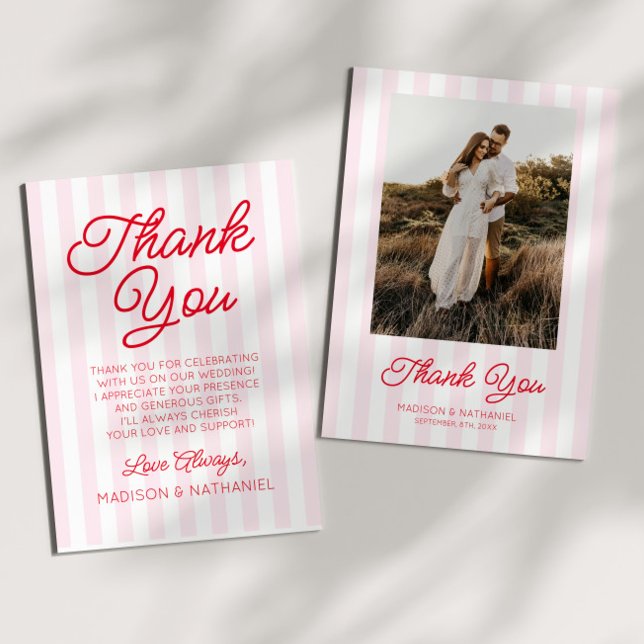 Modern Minimalist Pink Stripes Red Picture Wedding Thank You Card (Creator Uploaded)