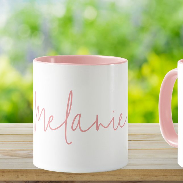 Modern Minimalist Pink White Mug Gift (Stylishly Personalize with Your Custom Name.)