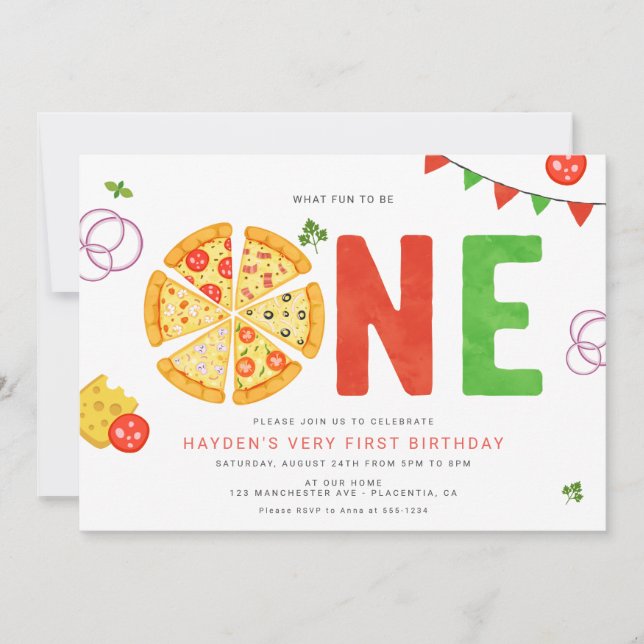 Modern Minimalist Pizza Party First Birthday Invitation (Front)