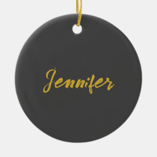 Modern Minimalist Plain Calligraphy Name Grey Gold Ceramic Ornament