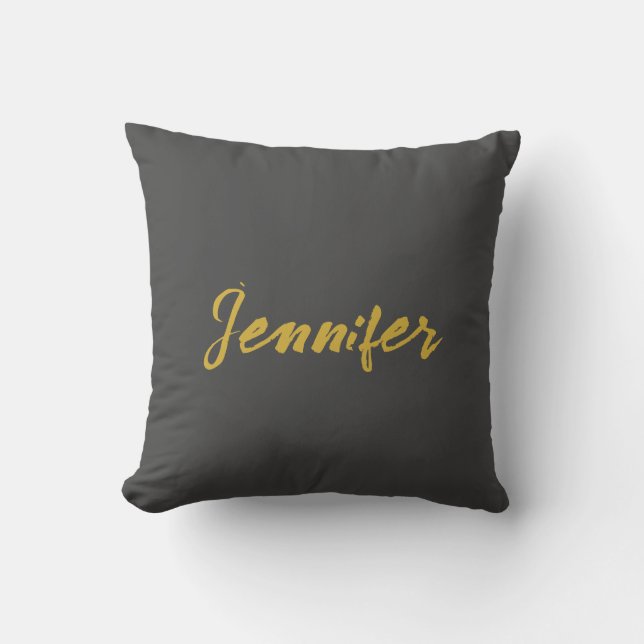 Modern Minimalist Plain Calligraphy Name Grey Gold Cushion (Front)