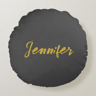 Modern Minimalist Plain Calligraphy Name Grey Gold Round Cushion