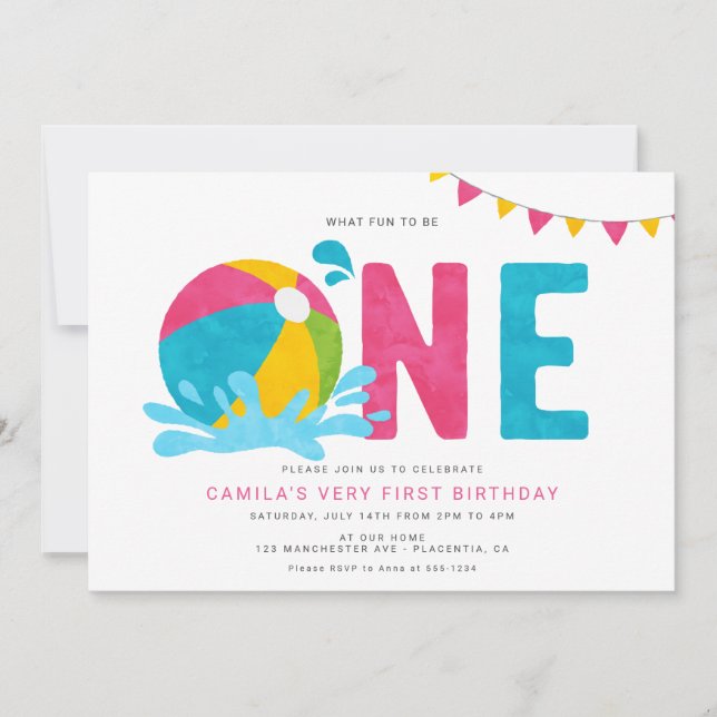 Modern Minimalist Pool Party Girl First Birthday Invitation (Front)