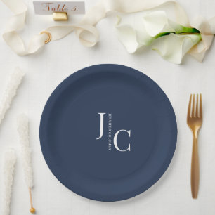 Modern Minimalist Professional Monogram Navy Blue Paper Plate