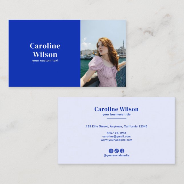 Modern Minimalist Professional Photo Bold Blue Business Card (Front/Back)