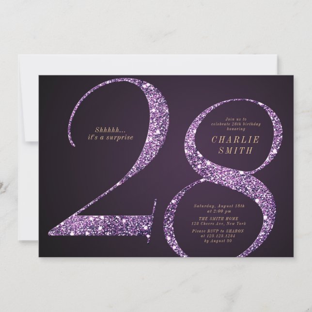 Modern minimalist purple glitter 28th birthday invitation (Front)