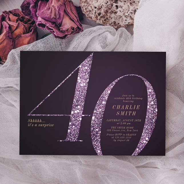 Modern minimalist purple glitter 40th birthday invitation (Modern minimalist purple glitter 40th birthday invitation)