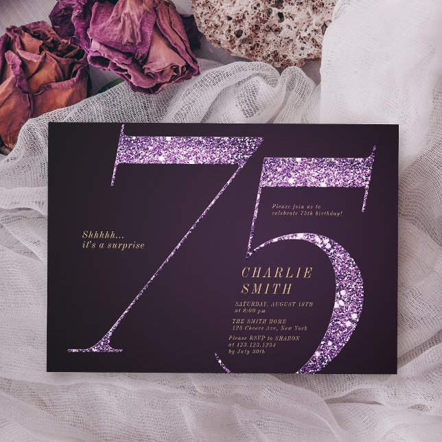 Modern minimalist purple glitter 75th birthday invitation (Modern minimalist purple glitter 75th birthday invitation)